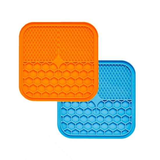 Dois Comedouros Tapete Interativo de Lamber para Cães e Gatos Licking Mat - Cores Laranja e Azul - Shop Bem