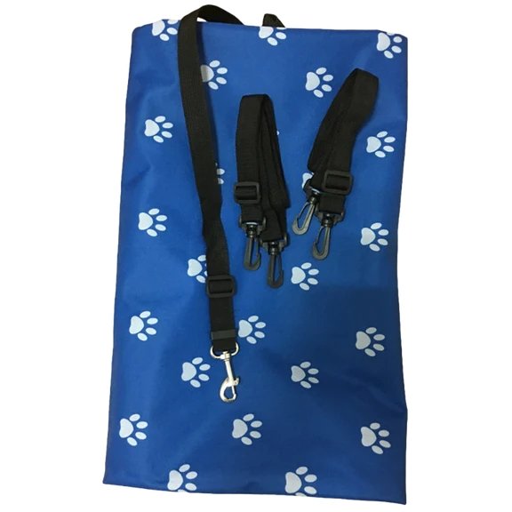 Capa De Proteção Para Carro Protect Pet de Cor Azul Com Patinhas e Sobre Ela as Cintas Que Prendem a Capa Nos Bancos do Carro - Loja Shop Bem